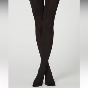 Calzedonia Ribbed Longuette Effect Tights in black cashmere
